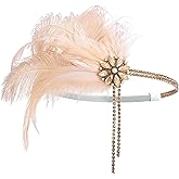 VENOFEN 1920s Flapper Headpiece Great Gatsby Style Feather Headband Roaring 20s Headpiece Rhinestone Champagne Vintage Headband Hair Decoration for Women and Girls