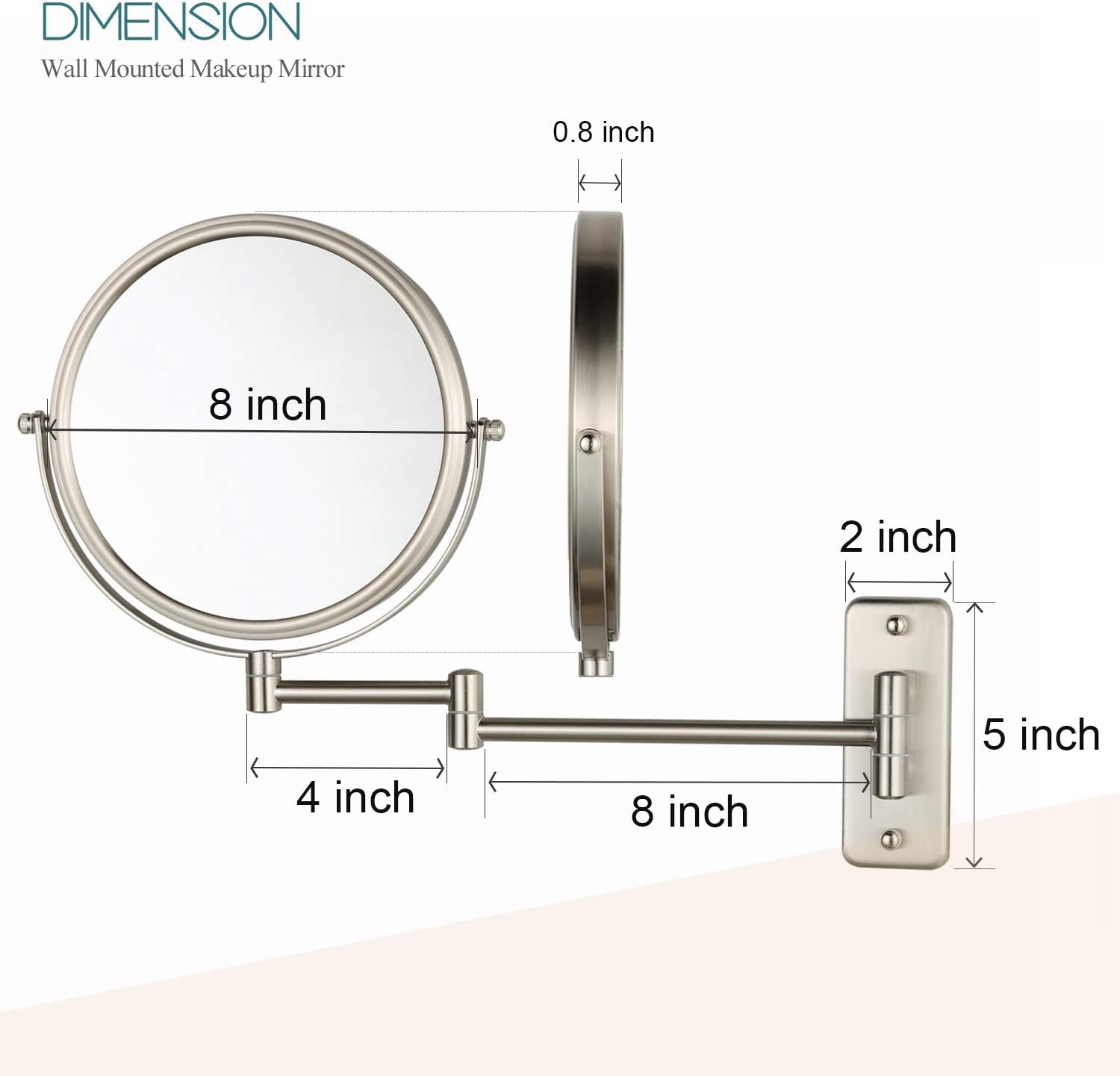 ALHAKIN Wall Mounted Makeup Mirror - 10x Magnification 8'' Two-Sided Swivel Extendable Bathroom Mirror Nickel Finish -