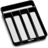 madesmart Classic 5 Compartment Compact Cutlery Tray, Carbon | non slip feet, rounded corners, branded icons, soft grip lining, forks knives spoons, flatware sorting, woman owned