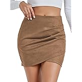 Rooscier Women's Suede Ruched Wrap High Waist Bodycon Zipper Back Mini Skirts
