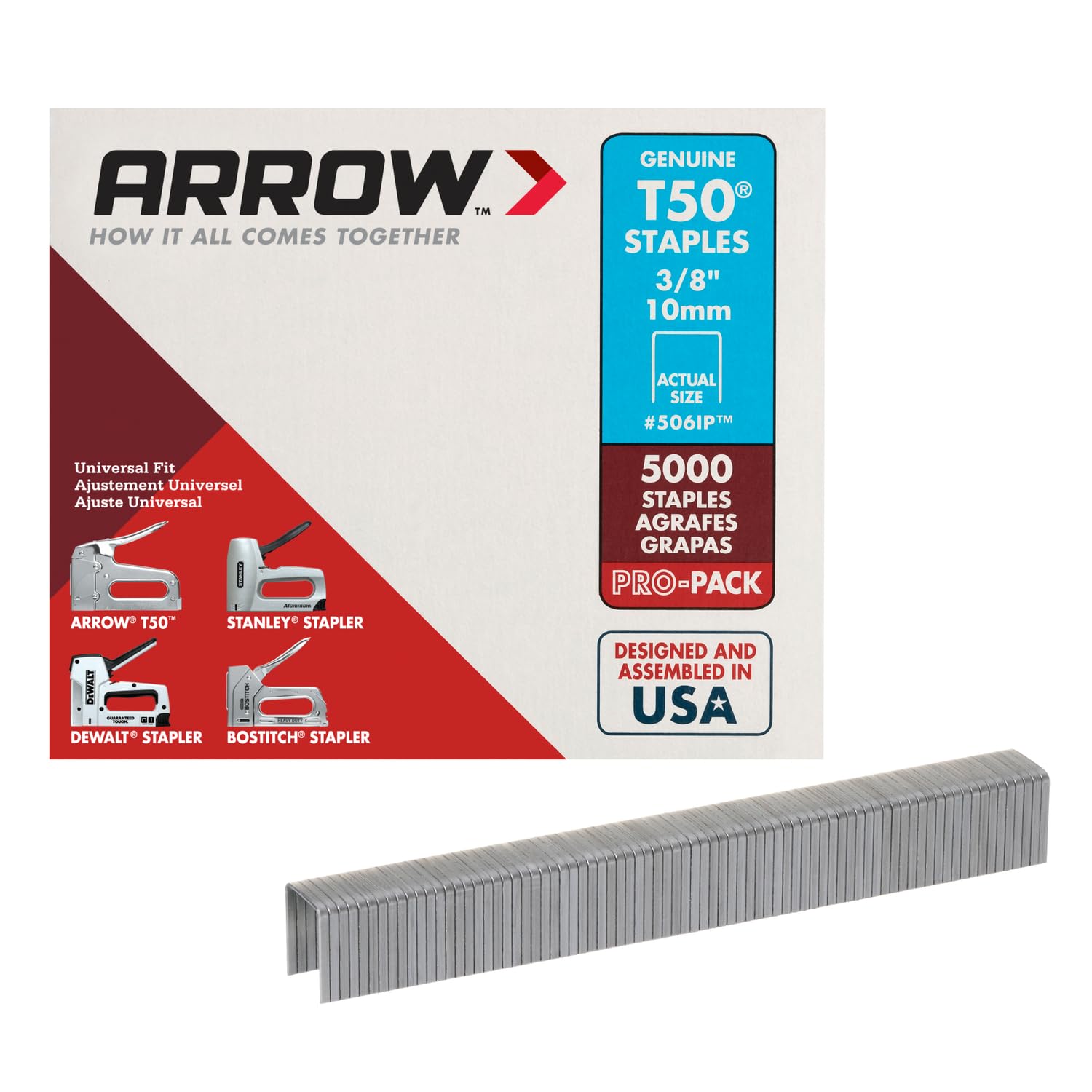 Photo 1 of Arrow Fastener 506IP Heavy Duty T50 Staples for Upholstery, Construction, Furniture, Crafts, 3/8-Inch Leg Length, 3/8-Inch Crown Size, 5000 Pieces ( Pack of 1)