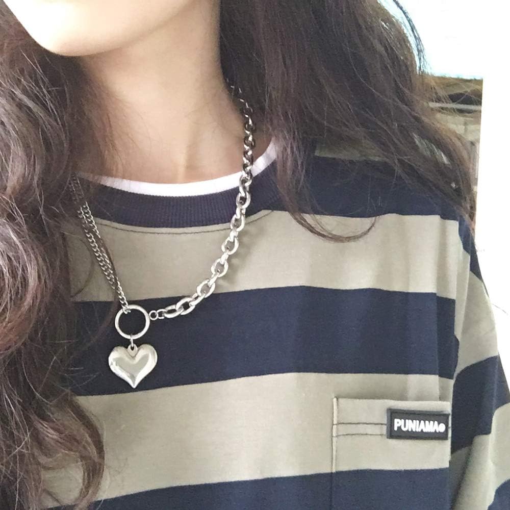 Huture Punk Rapper Style Necklace Jewelry Love Heart Shaped Pendant Retro Asymmetry Choker Collar Chain Necklace Locket Simple Shaped Plain Fine Gift for Women Teens Girls Charm, Silver : Clothing