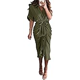BTFBM Shirt Dresses for Women Spring Button Short Sleeve Silk Satin Ruched Maxi Summer Dress 2026 Cocktail Party Wedding
