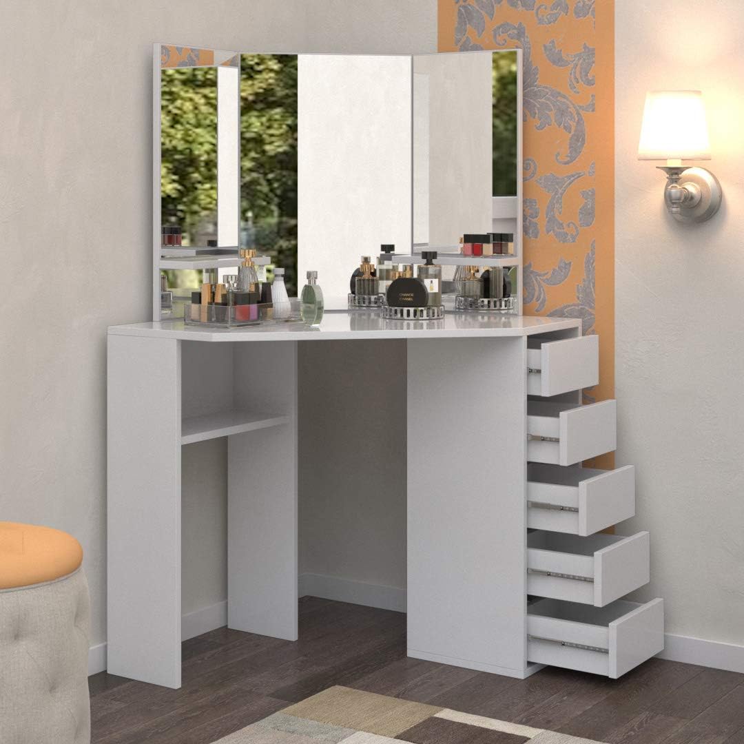 Amazon Com Victoria Corner Makeup Vanity Table White Makeup Desk Corner Vanity With 3 Mirrors And 5 Drawers Vanity For Bedroom Dressing Table Kitchen Dining