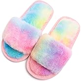 techcity Boys Girls Fuzzy House Slippers Cute Comfy Faux Fur Slip On Fluffy Plush Open Toe Home Slides for Kids Indoor Outdoor Warm Shoes