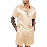 LecGee Men's Satin 2 Piece Outfits Lapel Shirt and Shorts Short Sleeve Button Down Tracksuit Luxury Set Prom Club Party
