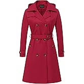CREATMO US Women's Long Trench Coat Double-Breasted Classic Lapel Overcoat Belted Slim Outerwear Coat with Detachable Hood