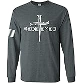 Redeemed Cross Nails Mens Christian American Flag Sleeve T-Shirt Long Sleeve Graphic Tee-Heather Grey-Large