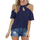 Womens Summer Halter Cold Shoulder Tops Sexy Casual Short Sleeve Keyhole T Shirts Blouse