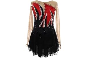 Artskatting Figure Skating Dress, Red&Black Rhinestone Long Sleeve Skating Dress, Stunning & Dynamic Look for Figure Skating 