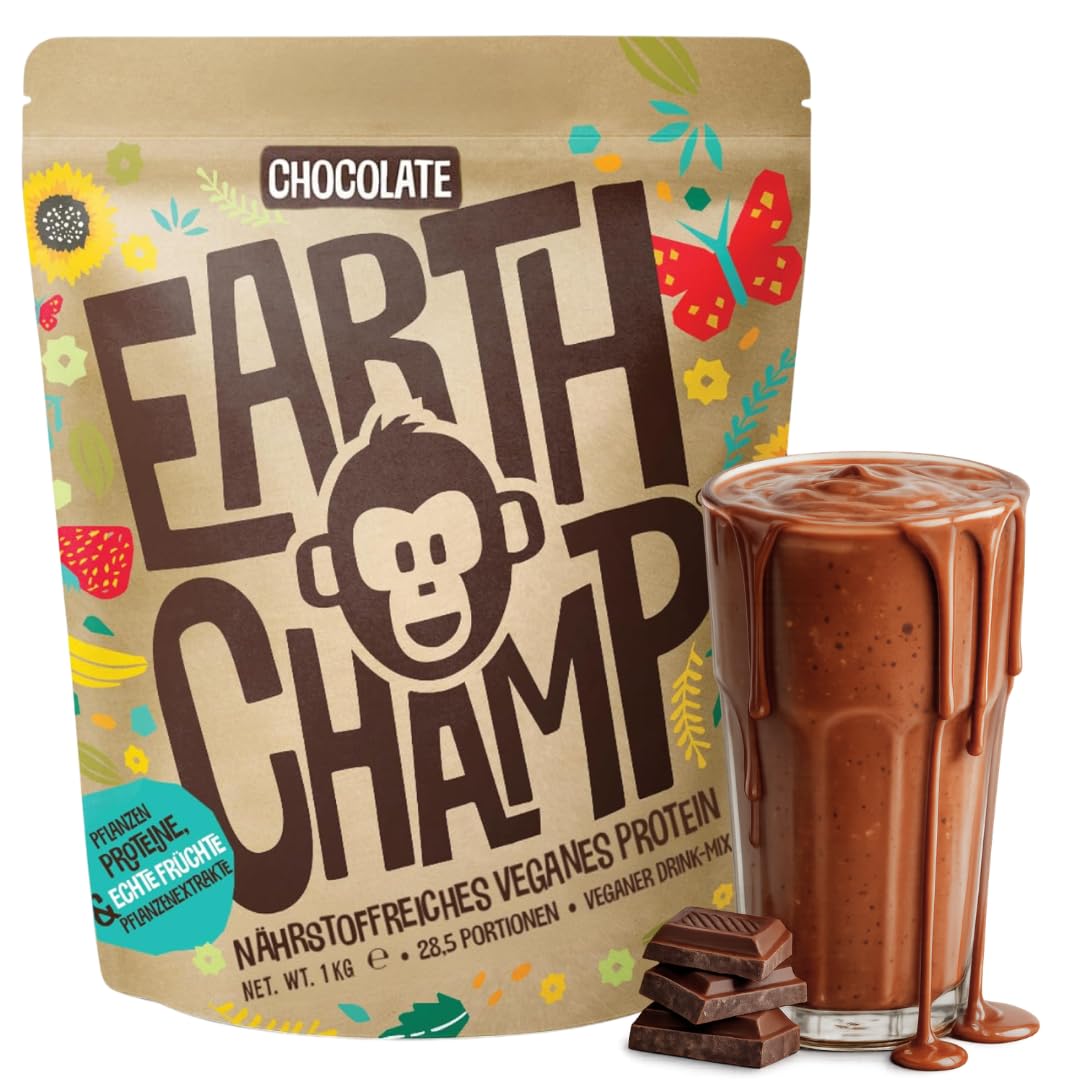 Vegan Protein Powder (1kg) - 28 Servings - EarthChamp by Wyldsson - Plant Based Chocolate Protein Powder Shake, Dairy Free, Gluten Free, Lactose Free Protien Shake (Choc)