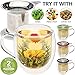 Teabloom Double-Wall Borosilicate Glass Mug with Stainless Steel Infuser and Lid – 15 OZ / 430 ML – 2 Gourmet Tea Flowers Included – Available in 4 Colors
