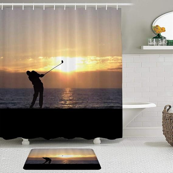 LISNIANY Duschvorhang Badezimmermatten Set，Golf Spielen bei