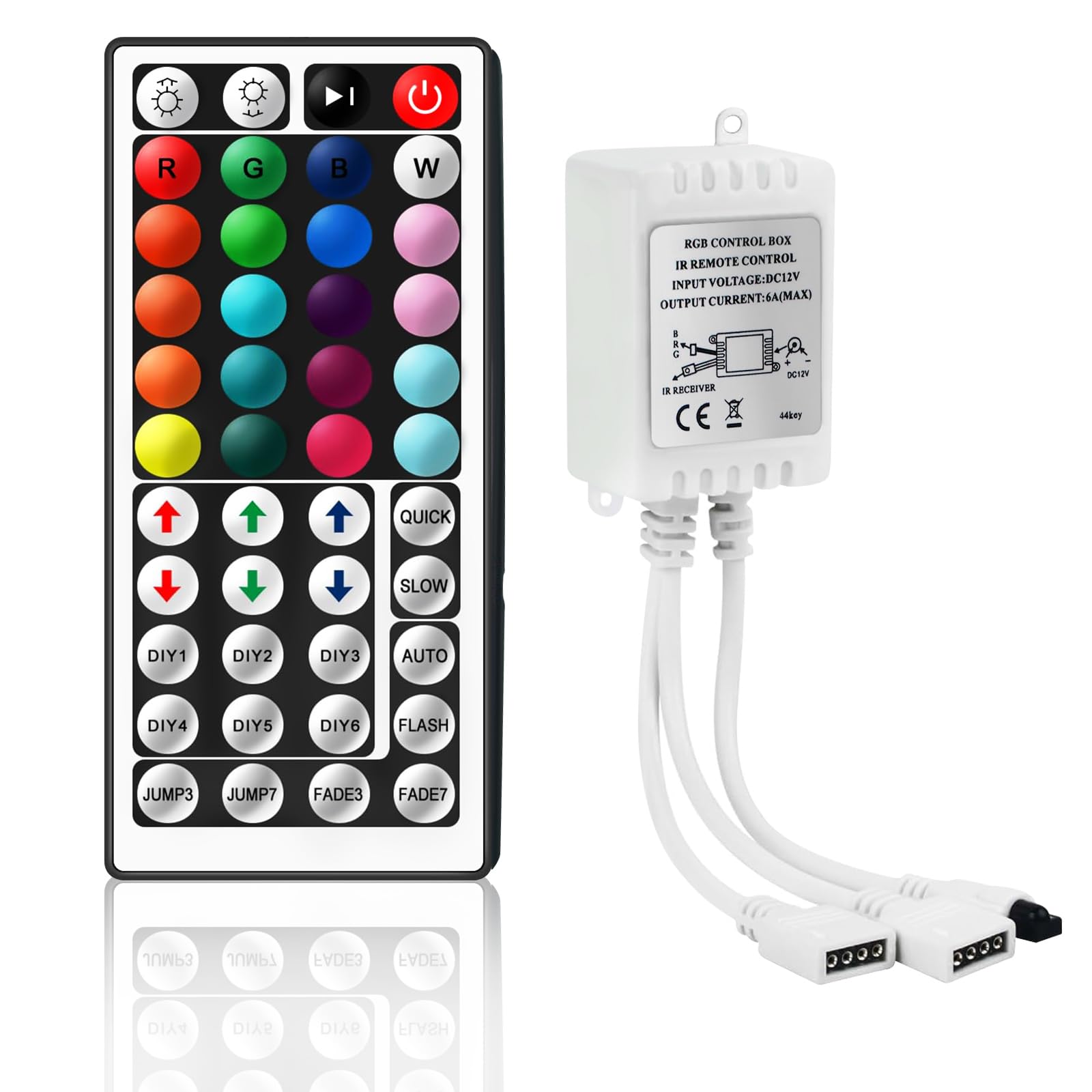Cube-LED 𝐃𝐮𝐚𝐥 𝐎𝐮𝐭𝐩𝐮𝐭𝐬 44-Key DC12V 4 Pin 2 Ports RGB Controler Box Wireless IR Remote Controller with Receiver for RGB 3528 5050 LED Light Strip(12V 44Key IR 2-Channel [White])