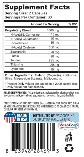 NEUROPAWAY EYE SUPPORT SUPPLEMENT 60CT WITH LUTEIN N-ACETYL L-CARNOSINE S-ACETYL GLUTATHIONE N-ACETYL CYSTIENE PTEROSTILBENE LYCOPENE ZEAXANTHIN TO SUPPORT HEALTHY VISION, HELPS BLURRY AND DRY EYES