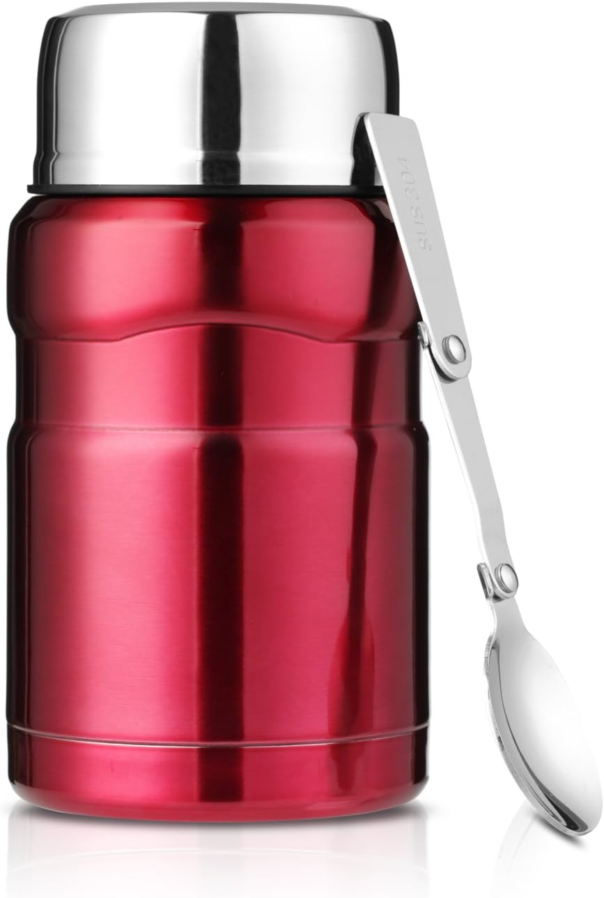 VICDORE Thermos Food Jar with Folding Spoon,Vacuum Insulated Stainless Steel Food Jar,Perfect for Hot Food Lunch On The Go for Adult and Kids Toddler,19.36 oz (550 ml) Storage Container,Red