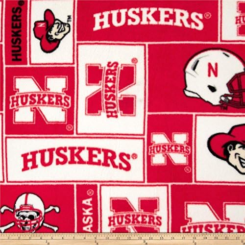 University of Nebraska Huskers Patch Block Print Polyester Fleece Fabric, Scarlet & Cream - Sold By the Yard