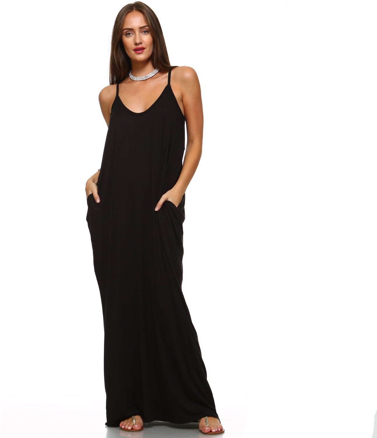 Isaac Liev Women's Casual Loose Long Oversized Maxi Dress Spaghetti Strap Dress with Pockets - Made in The USA
