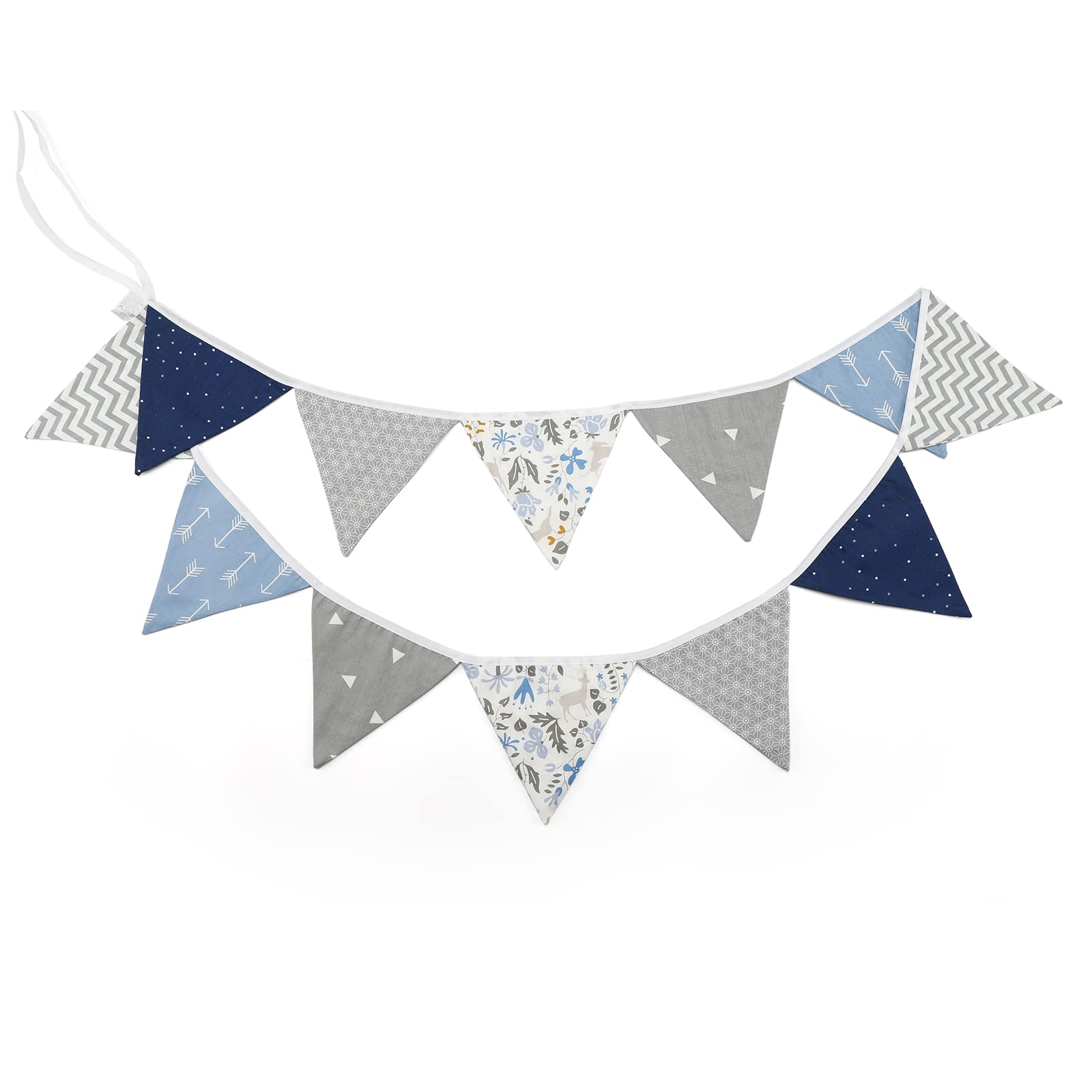 G2PLUS Double Sided Fabric Bunting Banner -12PCS Blue and Grey Fabric Bunting Nursery - 3.3M Cotton Triangle Pennants for Decorating Boys Bedroom Birthday Parties