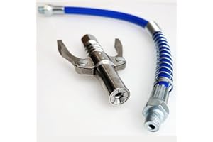 MASITE PCWJ Professional Pneumatic Grease Gun Coupler with Quick Lock Release, 12 Inch Flexible Hose, Double Handle Design, Six Petal Lock Mechanism