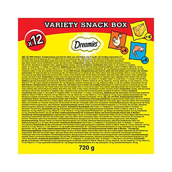 Dreamies Cat Treats Variety Pack, snacks with chicken, salmon flavour and cheese, 60 g (Pack of 12)