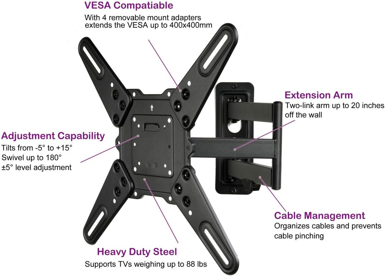 VideoSecu ML531BE2 TV Wall Mount kit with Free Magnetic Stud Finder and HDMI Cable for Most 26-55 TV and New LED TV up to 60 inch VESA 400x400 Full Motion with 20 inch Articulating Arm WP5: Electronics