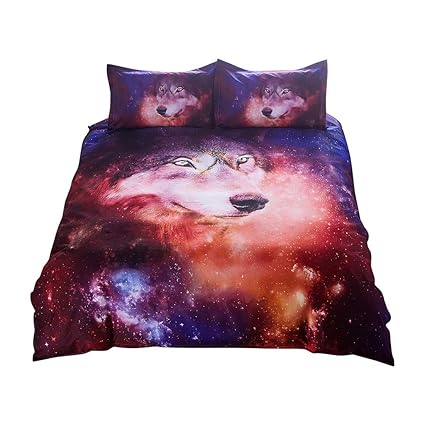 Dtuta 3D KissenbezüGe Bettlaken Set Ganzjahr BettwäSche Stern Wolf BettbezüGe Junge Staubdicht Und Langlebig