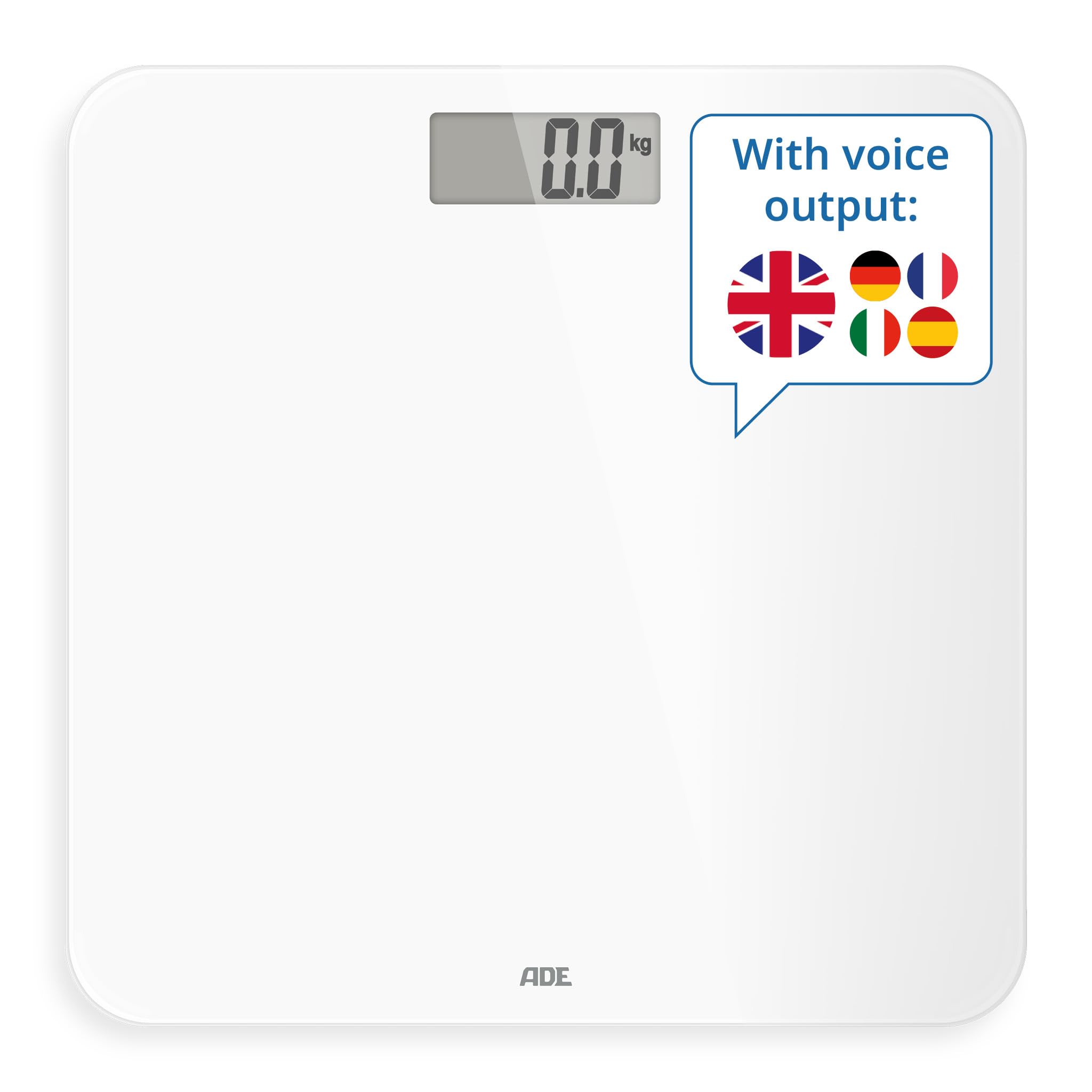 ADE Talking Personal Scales Digital | Particularly High Load Capacity up to 250 kg | Body Scales with Voice Output in 5 Languages | Very Large Display | Ideal for Blind, Visually Impaired and Seniors