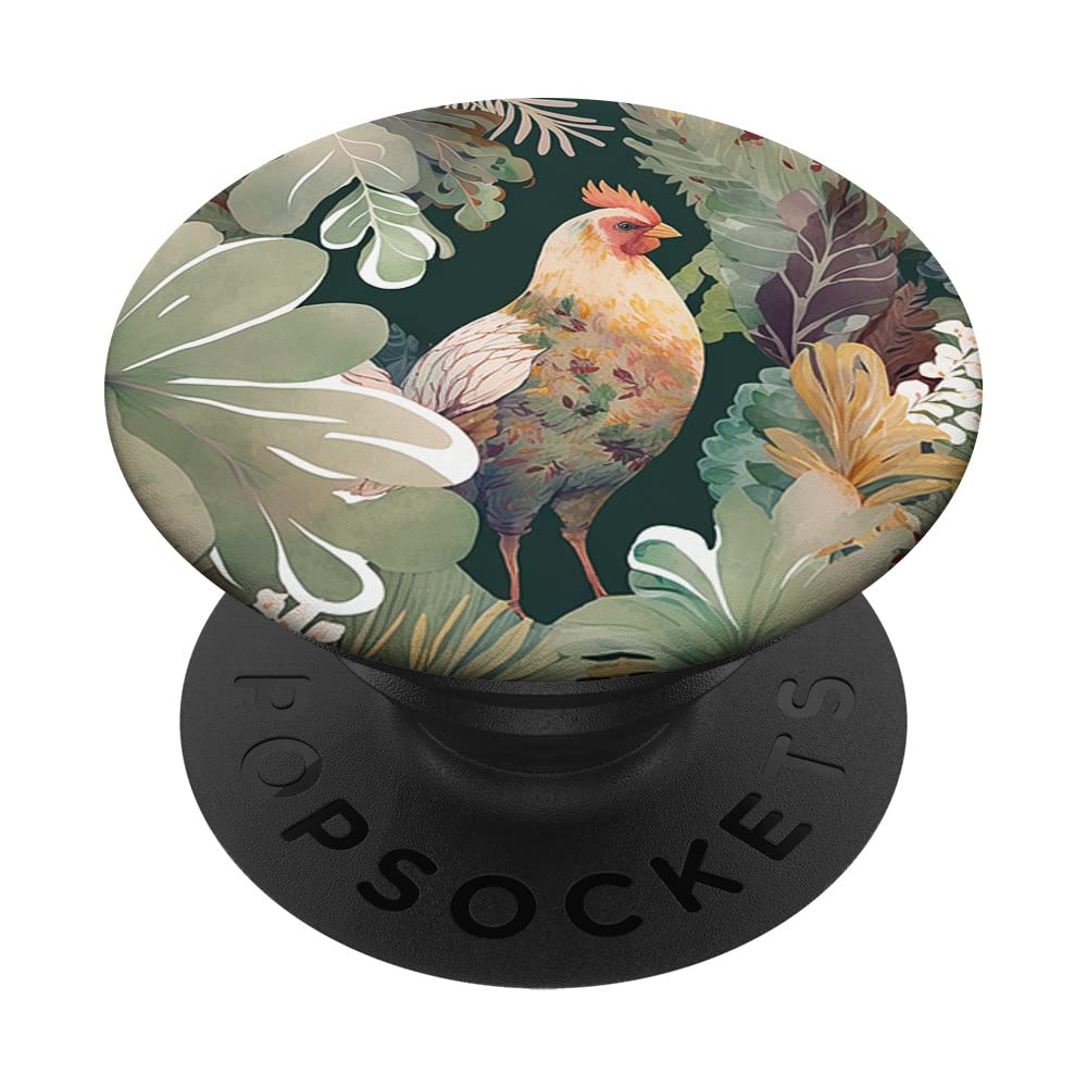 Chicken Poultry in Garden Floral Rural Boho Chic Leaves PopSockets Swappable PopGrip
