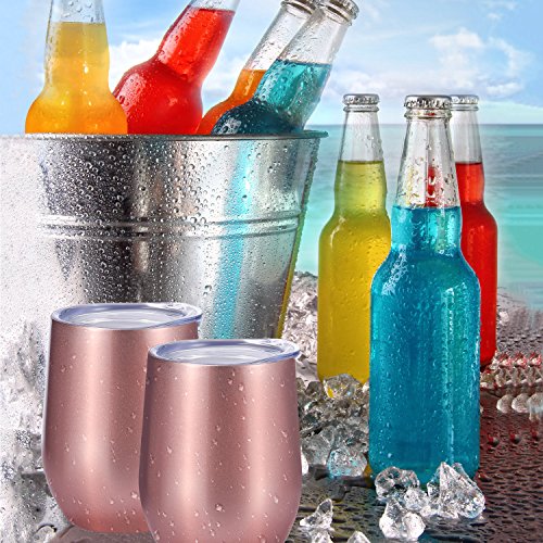 Skylety 12 oz Double-insulated Stemless Glass, Stainless Steel Tumbler Cup with Lids for Wine, Coffee, Drinks, Champagne, Cocktails, 2 Sets (Bright Rose Gold)