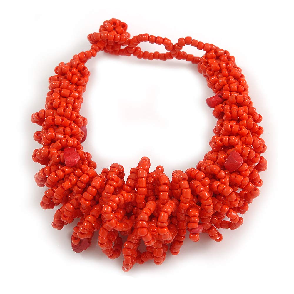 Avalaya Chunky Glass Beads and Semiprecious Stone Bracelet In Brick Red - 18cm Long