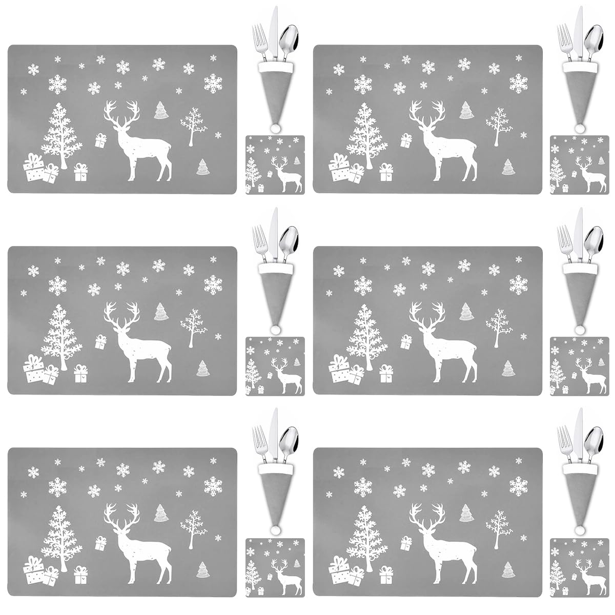 MQIAN 18 Pcs Set Christmas Placemats, 6 Placemats, 6 Coasters, 6 Cutlery Holders, Grey, Perfect for Families, Restaurants, Hotels and Cafes