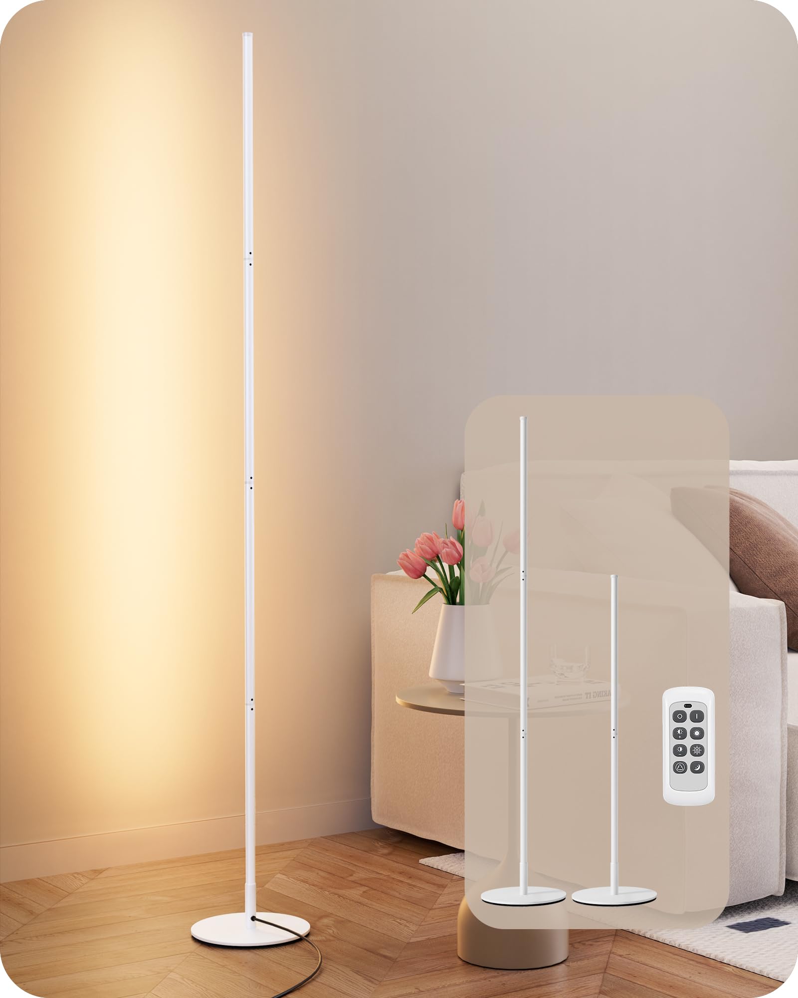 Photo 1 of EDISHINE Corner LED Floor Lamp, 57.5" Dimmable Corner Light with Remote, 3 Color Temperature 3000K-4500K-6000K, Minimalist Floor Lamp for Bedroom, Living Room, Office, White