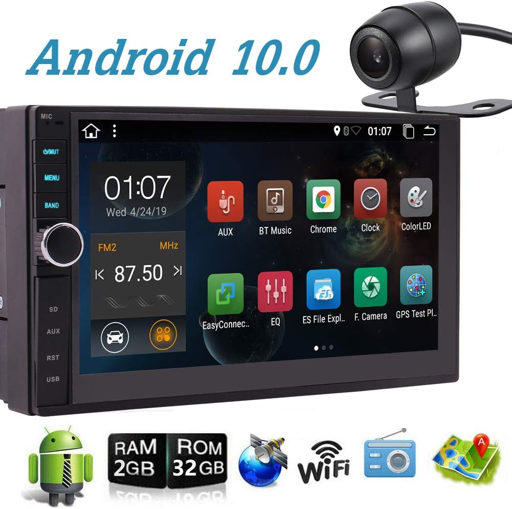Double Din Car Stereo 2 DIN Car Stereo with Bluetooth 7 Inch Android 10.0 Car Radio in Dash Android Head Unit Autoradio Support GPS Navigation/Mirror Link/WiFi/Colorful Button/Backup Camera/OBDII