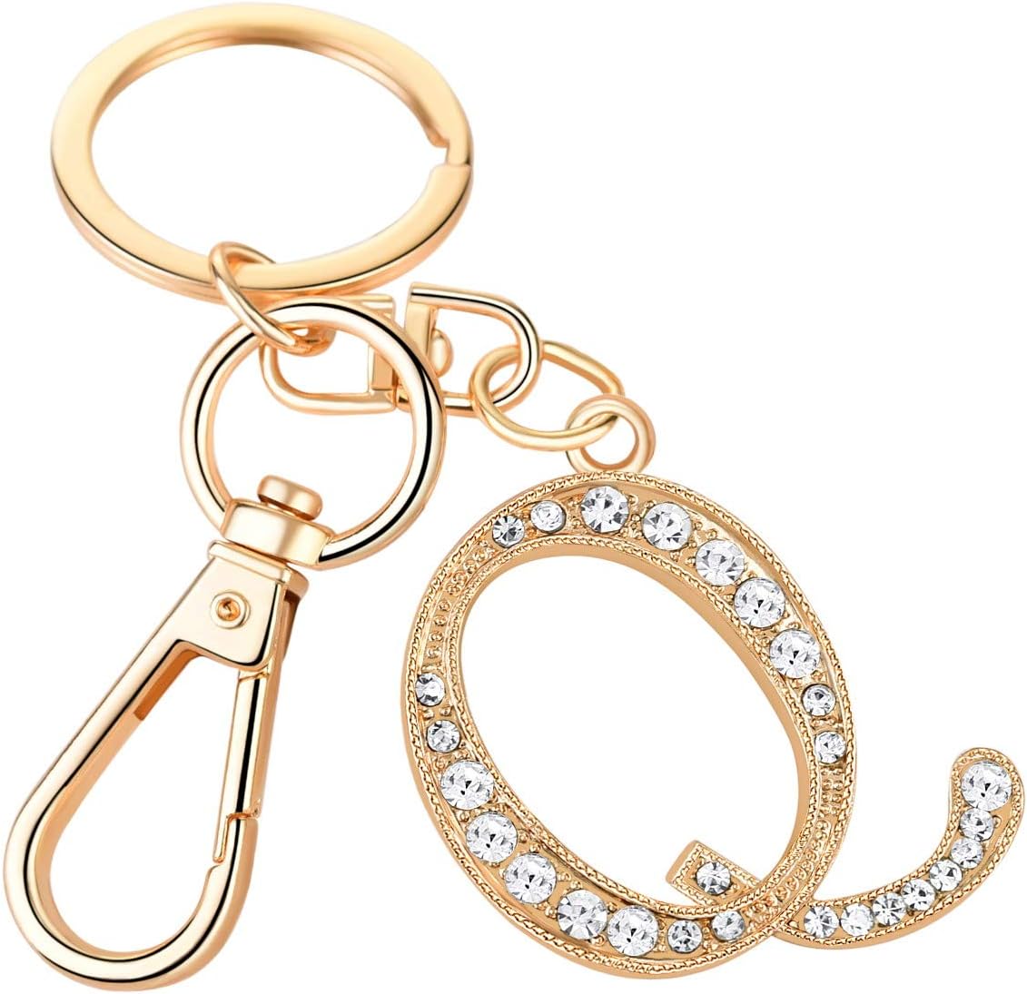 Women Rose Gold Plated Alloy Car Key Ring with Crystal Rhinestone Alphabet Initial Letter Keychain Size L