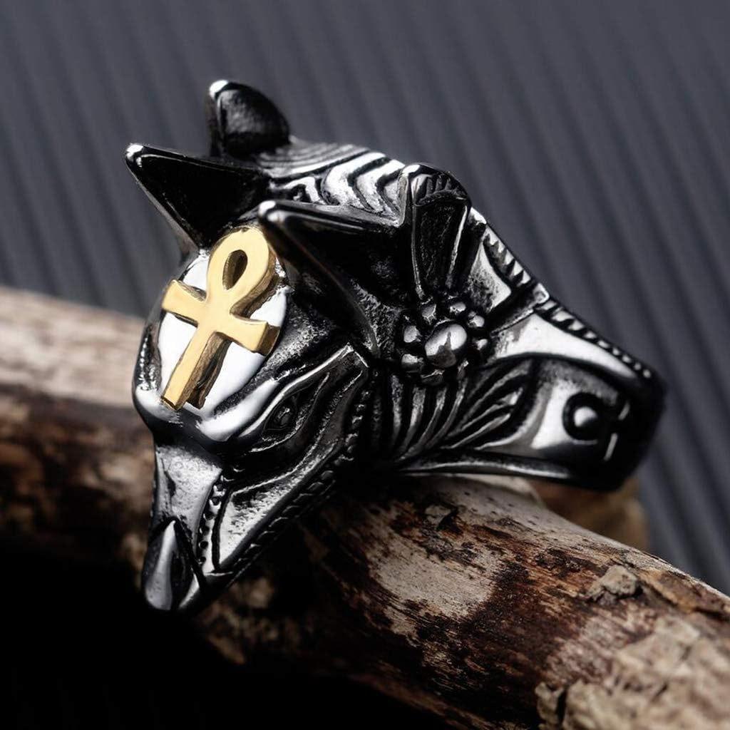 JINGJING Men's titanium steel ring Retro Anubis Ancient egypt ring Wolf head Ring Ankh Cross ring,Gold,No.11