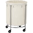 SONGMICS Round Laundry Cart, Laundry Hamper on Wheels, with Steel Frame and Removable Bag, 4 Casters and 2 Brakes, Cream and 