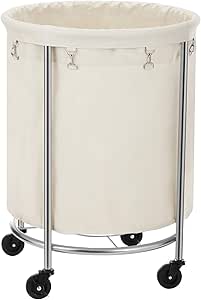 SONGMICS Round Laundry Cart, Laundry Hamper on Wheels, with Steel Frame and Removable Bag, 4 Casters and 2 Brakes, Cream and Silver Color URLS01MZ