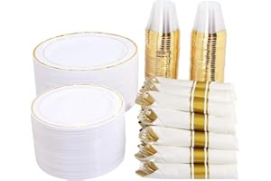 I00000 350 Pieces Gold Plastic Plates - Disposable Silverware and Cups, Include: 50 Dinner Plates 10.25”, 50 Dessert Plates 7