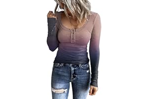MUYISE Women's 2023 Fall Long Sleeve Henley T Shirts Button Down Slim Fitted Tops Scoop Neck Ribbed Knit Casual Basic Shirts