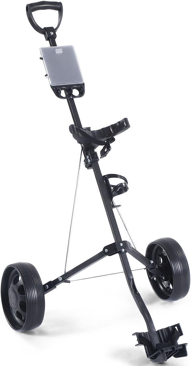 GJH One Golf Push Cart 2 Wheel Foldable Golf Pull Cart/Cup Holder Trolley Swivel Steel Light