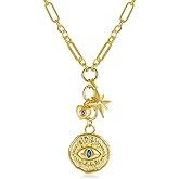NEKOL Evil Eye Conch Peace Sign Butterfly Charm Necklace for Women, 14K Gold Plated Choker Charm Necklace, Paperclip Cubic Zircon Trendy Necklace Jewelry Gift for Christmas Day