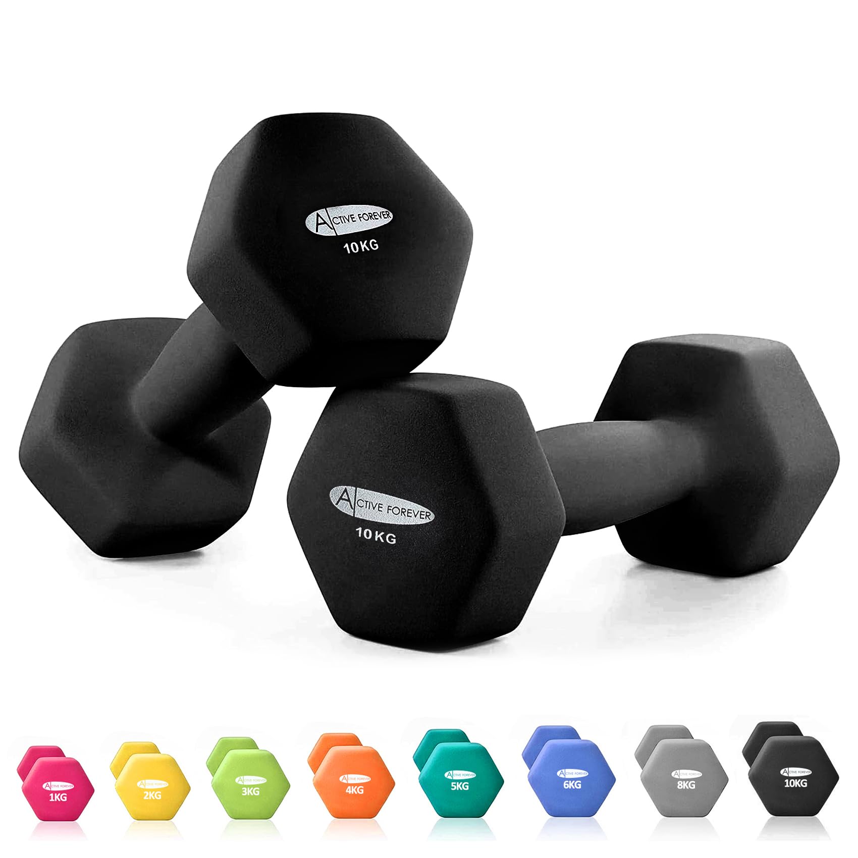 ACTIVE FOREVER Dumbbells 2×10kg, Set of 2, Hex Dumbbells Pair, Neoprene Waterproof Non-slip Dumbells Set (Black)