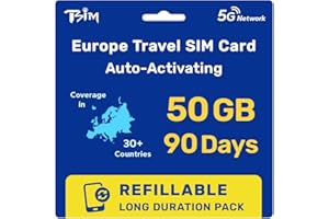 Europe SIM Card for Travel 90 Day 50GB for 36 Countries | Refillable Long Duration Pack | High Coverage Multi-Operator 5G Net