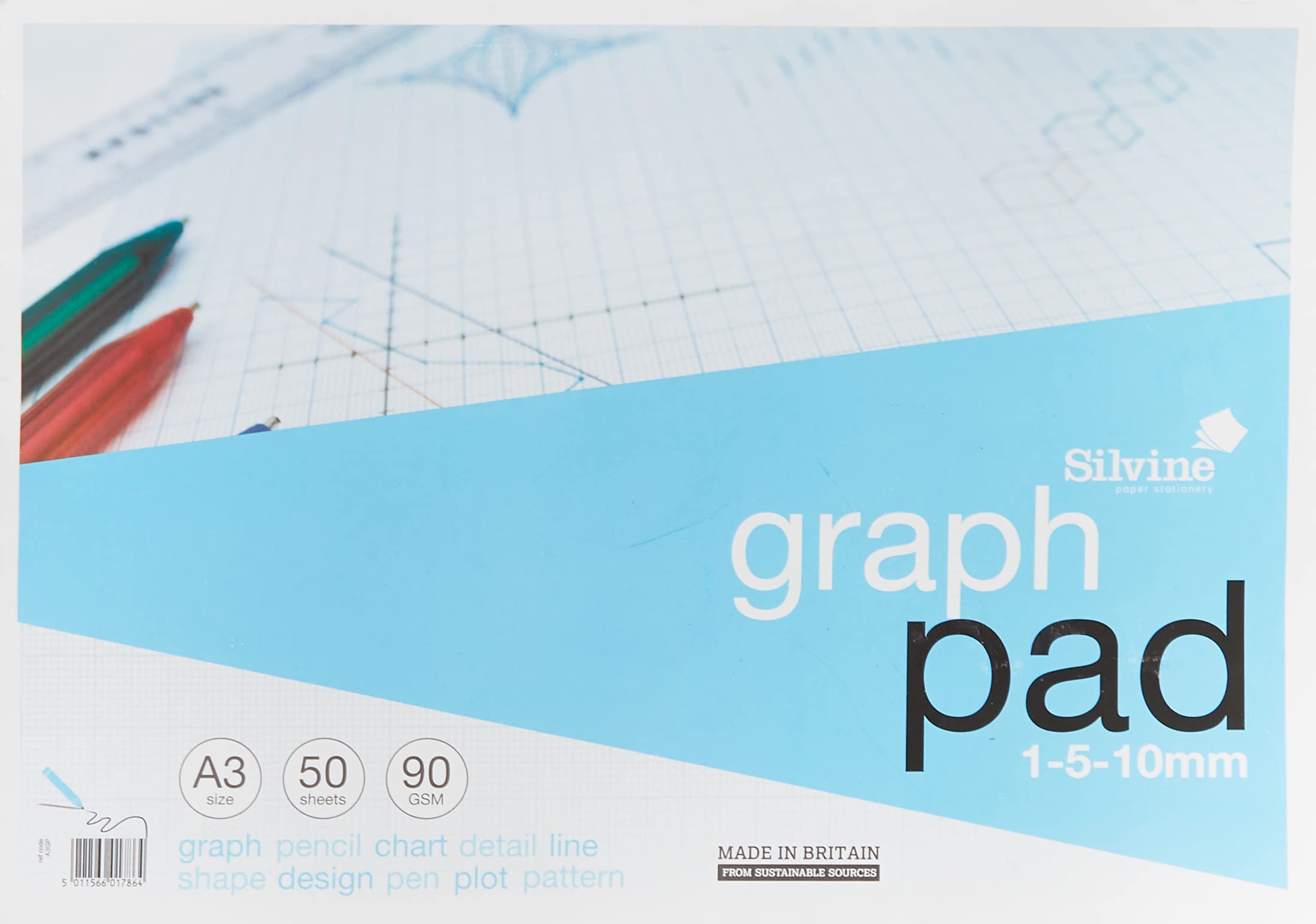 Silvine A3 Graph Pad. 50 Sheets of Quality 90gsm Paper, Printed 1-5-10mm Graph. Ref A3GP,Blue