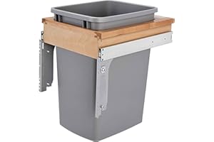 Rev-A-Shelf Single Pullout Trash Can w/Reduced Depth, 35 Qt Wood Top Mount Garbage Bin, 12" x 1.5" Face-Frame, Silver, 4WCTM-1516DM-1