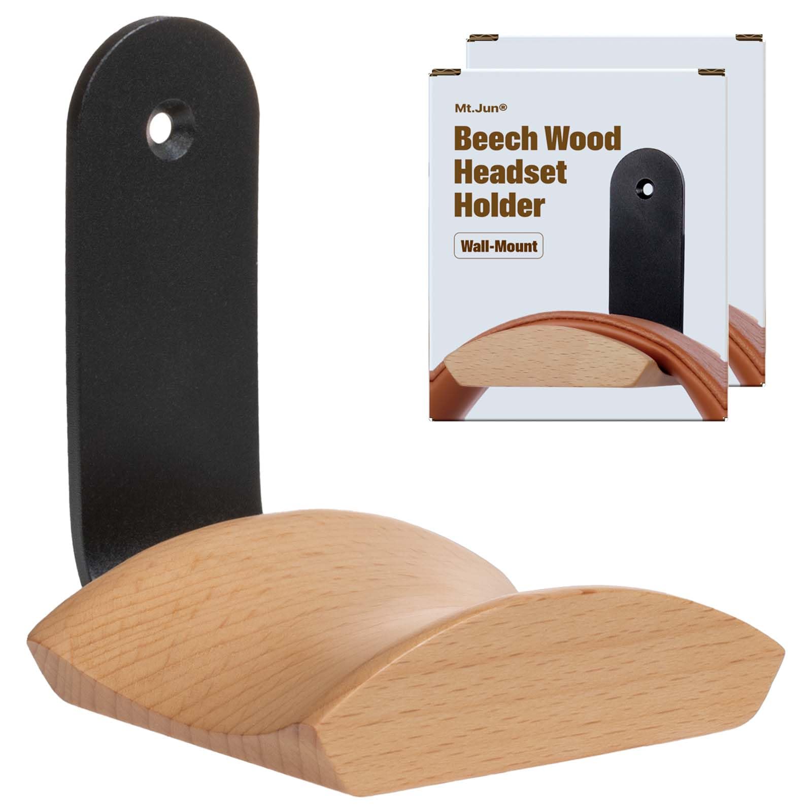 Mt.Jun Wood Headphone Wall Mount Holder, with VHB Adhesive Tape and Screw, Holds 10 lbs (Black & Beech Wood, 2 Pack)