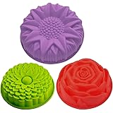 3 Pack Flower Shape Silicone Cake Bread Pie Flan Tart Molds, SENHAI Large Round Sunflower Chrysanthemum Rose Shape Non-Stick 