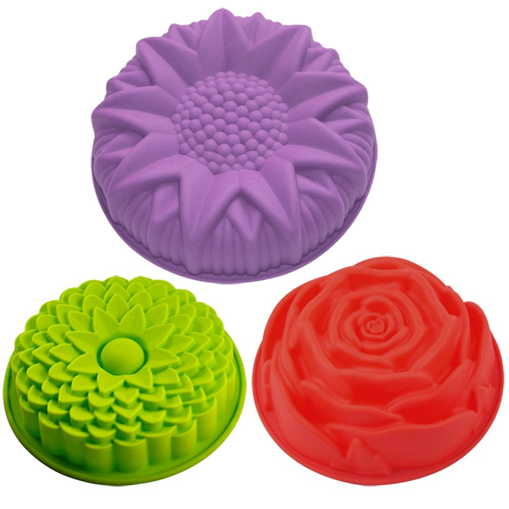 SENHAI 3 Pack Flower Shape Silicone Cake Bread Pie Flan Tart Molds, Large Round Sunflower Chrysanthemum Rose Shape Non-Stick Baking Trays for Birthday Party DIY - Green,Red,Purple