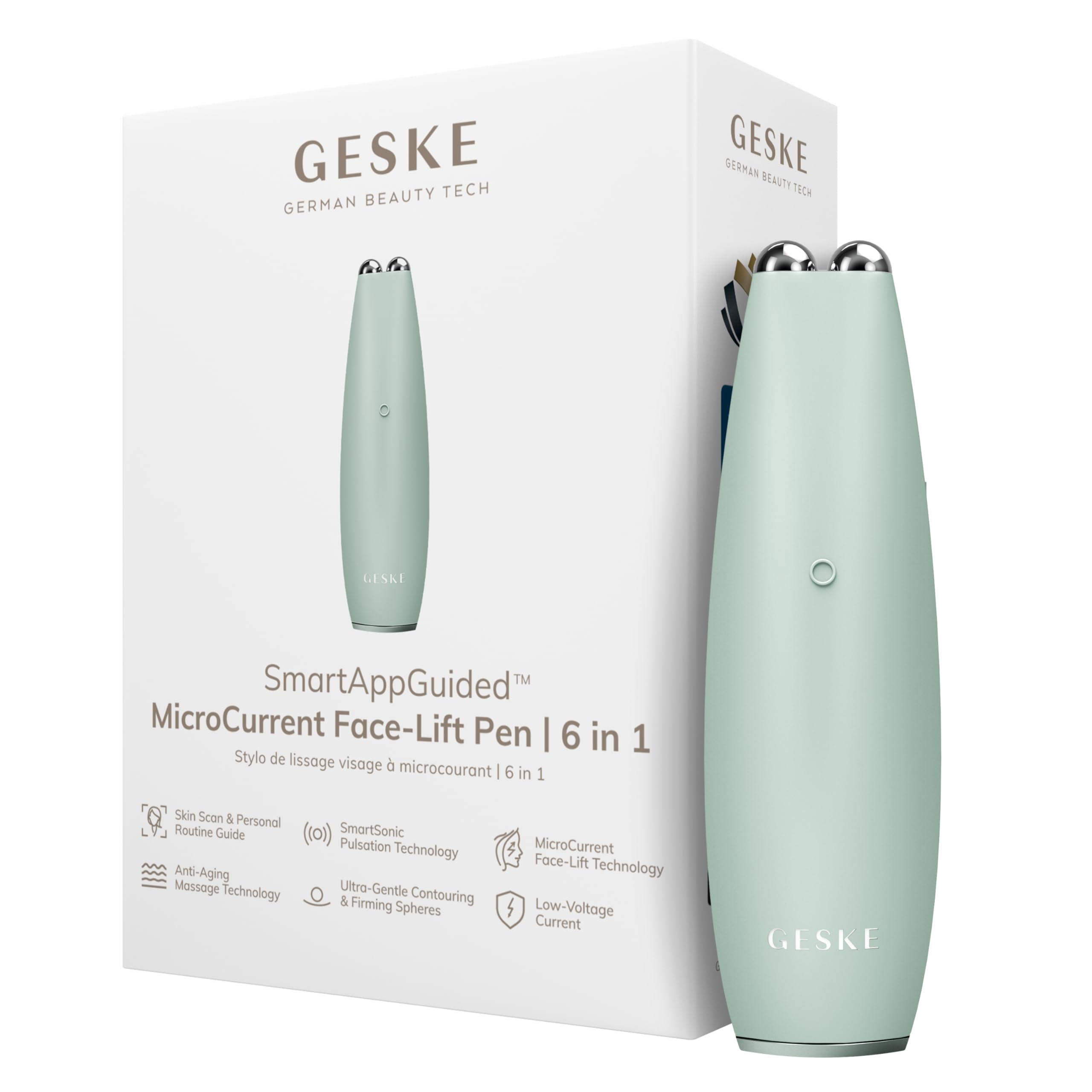 GESKE SmartAppGuided™ MicroCurrent Face-Lift Pen | 6 in 1 | Anti-aging device | Instant face lift | Skincare tool | Remove wrinkles for firm & youthful skin | Advanced smoothing facial firmer